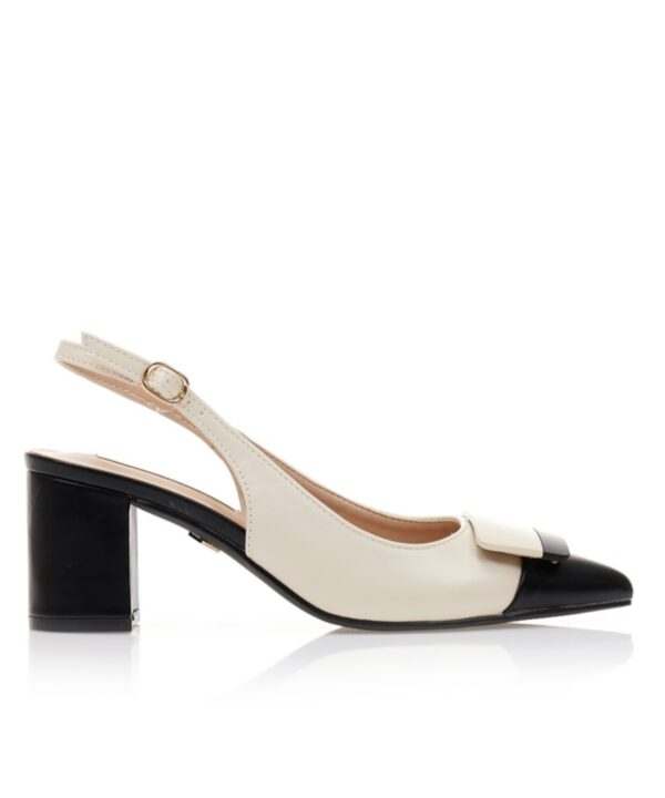 Alternative view of Γόβες mules μπεζ δερματίνη με αγκράφα και μαύρες λεπτομέρειες