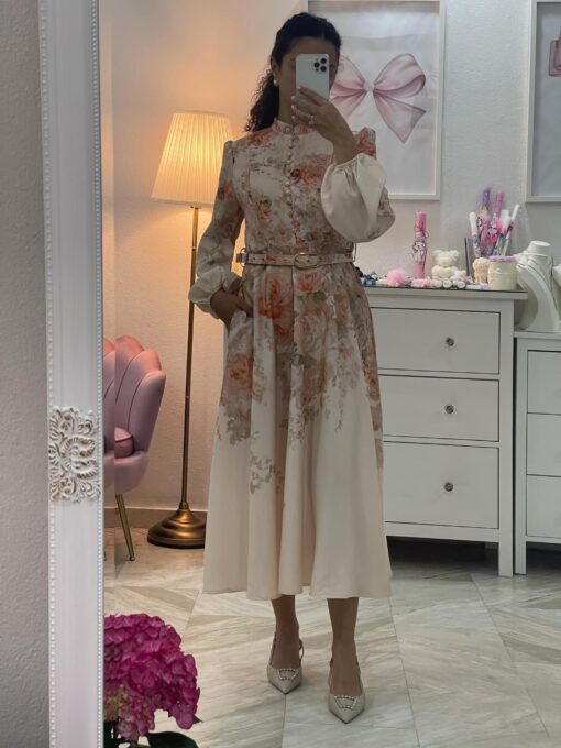 Φόρεμα maxi floral εκρού με κουμπιά κοσμήματα